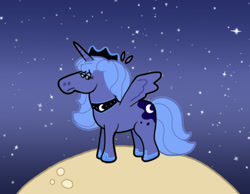 Size: 1134x878 | Tagged: safe, artist:cookie-lovey, imported from derpibooru, princess luna, alicorn, pony, 2011, frown, looking down, moon, s1 luna, sad, solo, space, spread wings, stars, style emulation, the fairly oddparents, wings