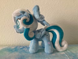 Size: 1280x960 | Tagged: safe, artist:melodisde, imported from derpibooru, oc, oc:snowdrop, pegasus, pony, blind, bow, commission, female, filly, foal, folded wings, happy, irl, photo, plushie, smiling, solo, standing, wings