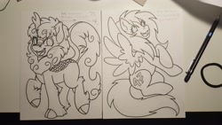 Size: 4730x2660 | Tagged: safe, artist:inkkeystudios, imported from derpibooru, oc, oc only, kirin, pegasus, pony, looking at you, open mouth, open smile, photo, raised hoof, smiling, spread wings, traditional art, wings