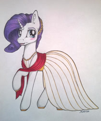 Size: 1024x1219 | Tagged: safe, artist:dexterisse, imported from derpibooru, rarity, unicorn, clothes, dress, female, mare, simple background, solo, traditional art, white background