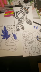 Size: 5312x2988 | Tagged: safe, artist:inkkeystudios, imported from derpibooru, oc, oc only, kirin, pegasus, pony, zebra, badge, looking at you, open mouth, open smile, photo, raised hoof, rearing, smiling, spread wings, traditional art, unamused, wings, wip