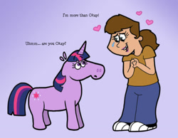 Size: 1134x878 | Tagged: safe, artist:cookie-lovey, imported from derpibooru, twilight sparkle, human, pony, unicorn, 2011, artist insert, author insert, clothes, crying, denim, dialogue, duo, duo female, female, floating heart, hands together, heart, height difference, jeans, looking at each other, looking at someone, mare, pants, purple background, shirt, shoes, simple background, sneakers, style emulation, talking to viewer, tears of joy, the fairly oddparents, unicorn twilight