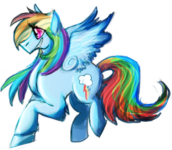 Size: 700x609 | Tagged: safe, artist:dokuyuu, imported from derpibooru, rainbow dash, pegasus, pony, female, looking offscreen, mare, raised hoof, simple background, smiling, smirk, solo, spread wings, transparent background, wings