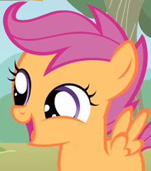 Size: 890x1006 | Tagged: safe, imported from derpibooru, screencap, scootaloo, pegasus, pony, season 1, the show stoppers, close-up, cropped, cute, cutealoo, female, filly, foal, happy, open mouth, solo, spread wings, wings