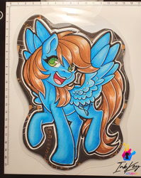 Size: 920x1156 | Tagged: safe, artist:inkkeystudios, imported from derpibooru, oc, oc only, pegasus, pony, badge, eye clipping through hair, looking at you, open mouth, open smile, photo, smiling, solo, spread wings, traditional art, wings