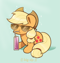 Size: 1751x1851 | Tagged: safe, artist:typhwosion, imported from derpibooru, applejack, earth pony, pony, drink, redraw, solo, sunglasses, text