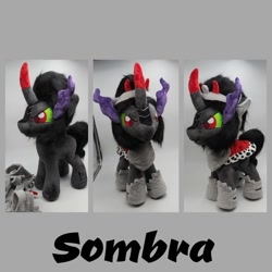 Size: 1080x1080 | Tagged: safe, artist:varonya, imported from derpibooru, king sombra, pony, unicorn, cape, clothes, crown, curved horn, gray background, horn, irl, jewelry, male, photo, plushie, regalia, simple background, solo, stallion, standing