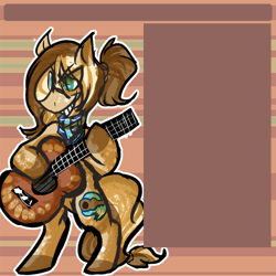 Size: 650x650 | Tagged: safe, artist:dokuyuu, imported from derpibooru, oc, oc only, earth pony, pony, grin, guitar, multicolored coat, musical instrument, musician, simple background, smiling, solo, standing on two hooves