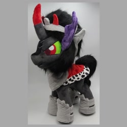 Size: 1080x1080 | Tagged: safe, artist:varonya, imported from derpibooru, king sombra, pony, unicorn, cape, clothes, crown, curved horn, gray background, horn, irl, jewelry, male, photo, plushie, regalia, simple background, solo, stallion, standing