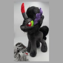 Size: 1080x1080 | Tagged: safe, artist:varonya, imported from derpibooru, king sombra, pony, unicorn, cape, clothes, crown, curved horn, gray background, horn, irl, jewelry, male, photo, plushie, regalia, simple background, solo, stallion, standing