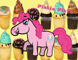 Size: 1134x878 | Tagged: safe, artist:cookie-lovey, imported from derpibooru, pinkie pie, earth pony, pony, 2011, cupcake, food, happy, open mouth, open smile, raised hoof, real life background, simple background, smiling, solo, style emulation, that pony sure does love cupcakes, the fairly oddparents, yellow background