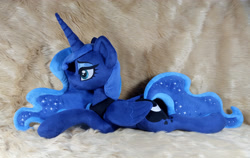 Size: 3976x2520 | Tagged: safe, artist:doctorkoda, imported from derpibooru, princess luna, alicorn, commission, female, folded wings, horn, irl, lying down, mare, peytral, photo, plushie, prone, solo, wings