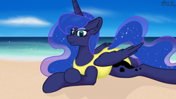 Size: 1920x1080 | Tagged: safe, artist:eklipsethepony, imported from derpibooru, princess luna, alicorn, pony, beach, clothes, crossed hooves, female, lying down, mare, ocea, solo, swimsuit