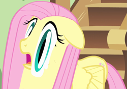 Size: 935x656 | Tagged: safe, imported from derpibooru, screencap, fluttershy, pegasus, pony, a bird in the hoof, season 1, animation error, close-up, cropped, faic, female, floppy ears, fluttershy's cottage, frown, funny, great moments in animation, hallway, mare, open mouth, picture frame, quality, smear frame, solo, stairs, they just didn't care, wat, wide eyes
