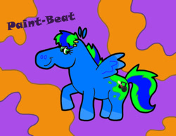 Size: 1134x878 | Tagged: safe, artist:cookie-lovey, imported from derpibooru, oc, oc only, oc:paint-beat, pegasus, pony, 2011, abstract background, ear piercing, earring, female, jewelry, looking at you, mare, name, piercing, raised hoof, smiling, smiling at you, solo, spread wings, style emulation, the fairly oddparents, two toned mane, wings