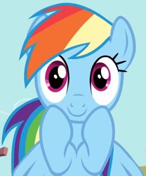 Size: 487x585 | Tagged: safe, imported from derpibooru, screencap, rainbow dash, pegasus, pony, a bird in the hoof, season 1, cropped, cute, dashabetes, female, flying, happy, hoof on cheek, looking at you, mare, smiling, solo