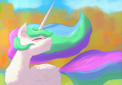 Size: 1131x786 | Tagged: safe, artist:gosha305, imported from derpibooru, princess celestia, alicorn, pony, cute, cutelestia, eyes closed, female, mare, missing accessory, smiling, solo, windswept mane