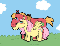 Size: 1134x878 | Tagged: safe, artist:cookie-lovey, imported from derpibooru, big macintosh, fluttershy, earth pony, pegasus, pony, 2011, blushing, cloud, crying, duo, duo male and female, female, fluttermac, grass, grass field, height difference, lidded eyes, looking at each other, looking at someone, male, mare, neck nuzzle, preggoshy, pregnant, shipping, sky, smiling, smiling at each other, spread wings, stallion, straight, style emulation, tears of joy, the fairly oddparents, wings