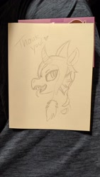 Size: 2160x3840 | Tagged: safe, artist:hipsterowlet, imported from derpibooru, siren, bust, curved horn, fangs, horn, kellin quinn, male, open mouth, ponified, scales, sketch, sleeping with sirens, solo, text, tongue out, traditional art