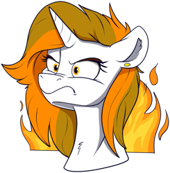 Size: 1071x1092 | Tagged: safe, artist:rutkotka, imported from derpibooru, oc, oc only, oc:aurora shinespark, pony, unicorn, :c, >:c, angry, ear piercing, earring, female, fire, frown, furious, glare, horn, jewelry, mare, no source available, piercing, simple background, solo, transparent background, unicorn oc