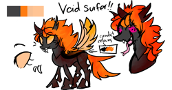 Size: 800x423 | Tagged: safe, artist:dokuyuu, imported from derpibooru, oc, oc only, oc:void surfer, changeling, changeling oc, colored wings, fangs, gradient tail, gradient wings, orange changeling, reference sheet, solo, spread wings, tail, wings