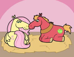Size: 1134x878 | Tagged: safe, artist:cookie-lovey, imported from derpibooru, big macintosh, fluttershy, earth pony, pegasus, pony, 2011, anatomically incorrect, barn, butt, duo, duo male and female, female, flutterbutt, fluttermac, hay, incorrect leg anatomy, lidded eyes, lying down, male, mare, plot, preggoshy, pregnant, prone, shipping, smiling, stallion, straight, style emulation, the fairly oddparents