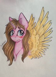 Size: 1024x1404 | Tagged: safe, artist:dexterisse, imported from derpibooru, oc, oc only, oc:carmela, alicorn, alicorn oc, horn, simple background, solo, traditional art, white background, wings