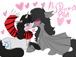 Size: 800x600 | Tagged: safe, artist:dokuyuu, imported from derpibooru, oc, oc only, bat pony, unicorn, bat pony oc, blushing, clothes, colored, couple, duo, eyes closed, flat colors, holding hooves, horn, kissing, scarf, simple background, text, transparent background, unicorn oc