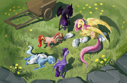 Size: 4093x2680 | Tagged: safe, artist:varwing, imported from derpibooru, fluttershy, trixie, oc, pony, rabbit, animal, cart