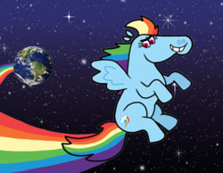 Size: 1134x878 | Tagged: safe, artist:cookie-lovey, imported from derpibooru, rainbow dash, pegasus, pony, 2011, earth, faic, female, flying, grin, mare, rainbow, smiling, smug, smugdash, solo, space, spread wings, style emulation, the fairly oddparents, windswept mane, wings