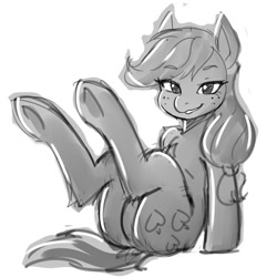 Size: 800x800 | Tagged: safe, artist:jovalic, imported from derpibooru, applejack, earth pony, pony, butt, featureless crotch, freckles, legs in air, lidded eyes, looking at you, plot, sitting, smiling, solo