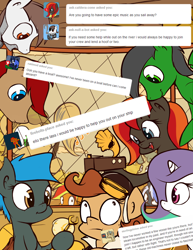 Size: 700x909 | Tagged: safe, artist:subjectnumber2394, imported from derpibooru, oc, oc:copper wings, oc:humming way, oc:jade shine, oc:steel strings, pegasus, pony, unicorn, ask, ask copper wings, clothes, comic, goggles, jacket, male, stallion, wingless