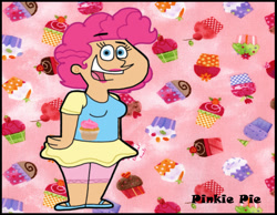 Size: 1134x878 | Tagged: safe, artist:cookie-lovey, imported from derpibooru, pinkie pie, human, 2011, clothes, cupcake, female, food, humanized, leggings, looking at you, name, open mouth, open smile, pink background, sandals, shirt, simple background, skirt, smiling, smiling at you, solo, style emulation, the fairly oddparents