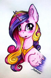 Size: 1024x1549 | Tagged: safe, artist:dexterisse, imported from derpibooru, princess cadance, alicorn, bust, female, mare, simple background, solo, traditional art, white background
