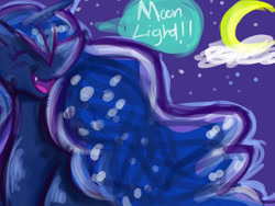 Size: 900x675 | Tagged: safe, artist:dokuyuu, imported from derpibooru, princess luna, alicorn, pony, female, happy, mare, night, simple background, solo, starry background, text, yelling