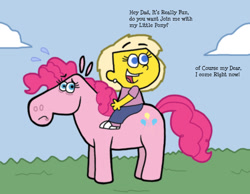 Size: 1134x878 | Tagged: safe, artist:cookie-lovey, imported from derpibooru, pinkie pie, earth pony, pony, 2011, child, crossover, dialogue, duo, duo female, female, frown, greta wolfcastle, humans riding ponies, nervous sweat, offscreen character, open mouth, open smile, riding, smiling, style emulation, the fairly oddparents, the simpsons, this will end in pain
