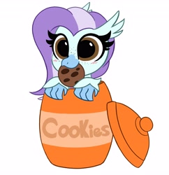 Size: 3973x4096 | Tagged: safe, artist:kittyrosie, imported from derpibooru, oc, oc only, oc:ocean breeze, oc:ocean breeze (savygriffs), classical hippogriff, hippogriff, pony, beak, beak hold, blushing, chocolate chip cookie, commission, cookie, cookie jar, cute, food, freckles, glasses, hippogriff oc, mouth hold, nom, ocbetes, oceanbetes, simple background, solo, white background, wide eyes, ych result, your character here