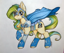 Size: 1024x858 | Tagged: safe, artist:dexterisse, imported from derpibooru, oc, oc:isumi toxy, unicorn, armor, cape, clothes, horn, simple background, solo, traditional art, unicorn oc, white background