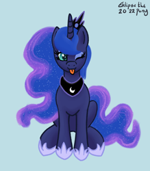 Size: 574x654 | Tagged: safe, artist:eklipsethepony, imported from derpibooru, princess luna, alicorn, pony, :p, blue background, female, jewelry, mare, one eye closed, silly, silly pony, simple background, sitting, solo, tiara, tongue out, wink