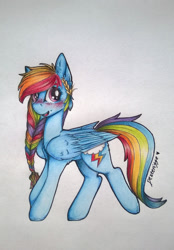 Size: 1024x1475 | Tagged: safe, artist:dexterisse, imported from derpibooru, rainbow dash, pegasus, braid, female, mare, simple background, solo, traditional art, white background