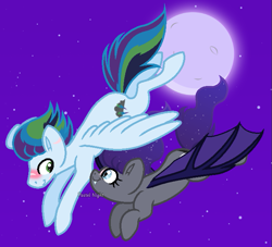 Size: 697x632 | Tagged: safe, artist:madzbases, artist:pastelnightyt, imported from derpibooru, oc, oc:midnight lullaby, oc:rainbow storm, bat pony, pegasus, pony, base used, duo, female, flying, male, mare, night, offspring, parent:rainbow dash, parent:soarin', parents:soarindash, stallion