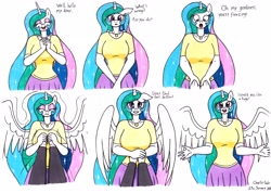 Size: 3487x2478 | Tagged: safe, artist:killerteddybear94, imported from derpibooru, princess celestia, alicorn, anthro, breasts, busty princess celestia, cute, cutelestia, dialogue, floppy ears, jewelry, looking at you, momlestia, necklace, offscreen character, open arms, open mouth, pov, smiling, spread wings, talking to viewer, traditional art, wholesome, wings