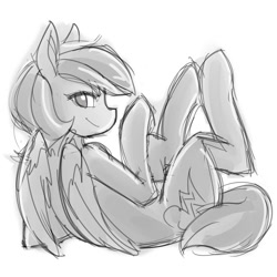 Size: 800x800 | Tagged: safe, artist:jovalic, imported from derpibooru, rainbow dash, pony, grin, legs in air, looking at you, lying down, monochrome, on back, smiling, solo