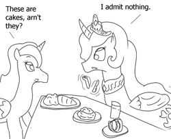 Size: 583x474 | Tagged: source needed, safe, artist:php162, imported from derpibooru, princess celestia, princess luna, alicorn, pony, black and white, cake, duo, food, grayscale, monochrome