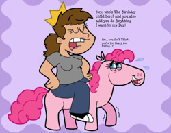 Size: 1134x878 | Tagged: safe, artist:cookie-lovey, imported from derpibooru, pinkie pie, earth pony, human, pony, 2012, artist insert, birthday, crown, dialogue, duo, duo female, eyes closed, female, grin, heavy, humans riding ponies, jewelry, lidded eyes, missing cutie mark, nervous, nervous grin, open mouth, open smile, purple background, regalia, riding, simple background, smiling, style emulation, sweat, the fairly oddparents, wobbling
