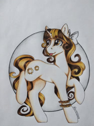 Size: 1024x1366 | Tagged: safe, artist:dexterisse, imported from derpibooru, oc, oc only, oc:golden stream, pony, unicorn, female, horn, mare, simple background, solo, traditional art, unicorn oc, white background