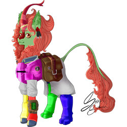 Size: 2215x2215 | Tagged: safe, artist:senpai-satan, imported from derpibooru, oc, oc only, oc:spring glow, kirin, fallout equestria, accessory, armor, bag, clothes, combat armor, commission, female, jumpsuit, kirin oc, lab coat, mare, pipbuck, saddle bag, signature, simple background, solo, transparent background, vault suit