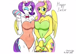 Size: 3491x2475 | Tagged: safe, artist:killerteddybear94, imported from derpibooru, fluttershy, rarity, anthro, pegasus, unicorn, basket, big breasts, breasts, bunny suit, bunnyshy, busty fluttershy, busty rarity, clothes, cuffs (clothes), duo, duo female, easter, easter egg, eyelashes, female, holiday, huge breasts, legs together, leotard, looking at you, one eye closed, smiling, traditional art, wink