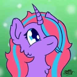 Size: 334x334 | Tagged: safe, artist:backgroundpony#f352, imported from derpibooru, oc, oc only, pony, unicorn, eyes open, female, gradient background, horn, looking up, mare, signature, solo