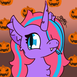 Size: 334x334 | Tagged: safe, artist:backgroundpony#f352, imported from derpibooru, oc, oc only, bat pony, pony, unicorn, eyes open, fangs, female, halloween 2020, horn, mare, signature, solo, transformed